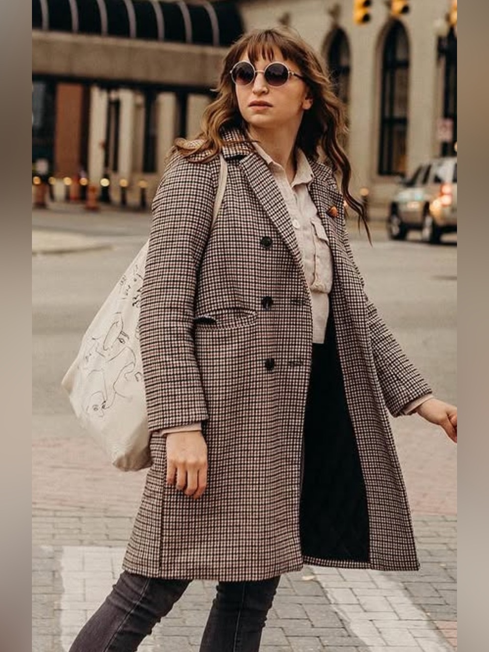 Sage The Label Houndstooth Coat Long Jacket S/M Wool Blend